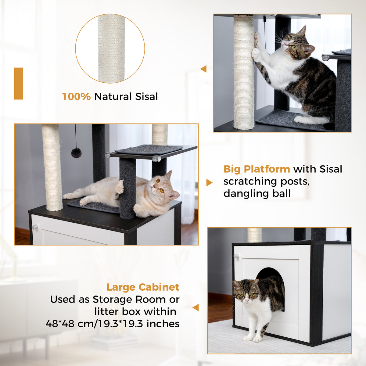 Deluxe cat tree with 48 cm storage cabinet doubling as a litter box while tabby and ginger cats scratch sisal posts