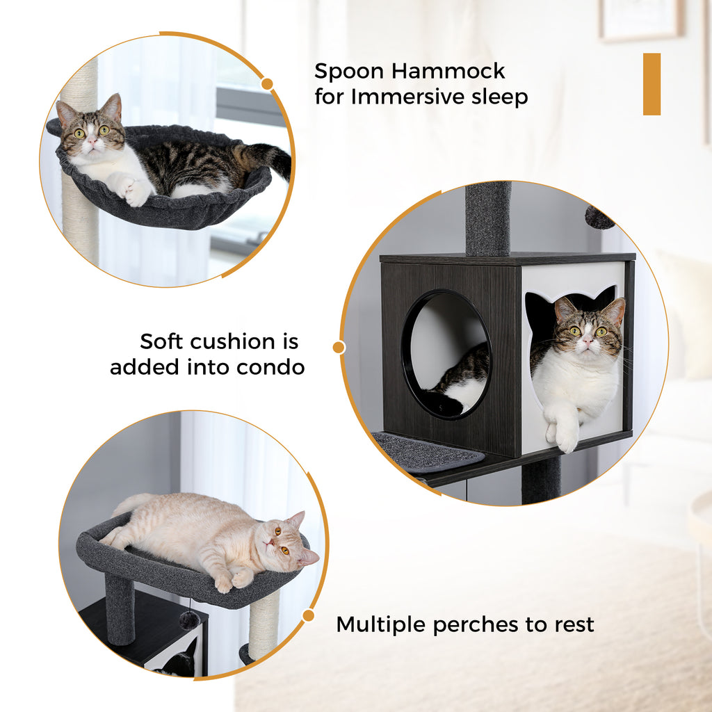 Dark grey Deluxe cat tree feature insets showing plush spoon hammock, cushioned two-door condo and padded top perch