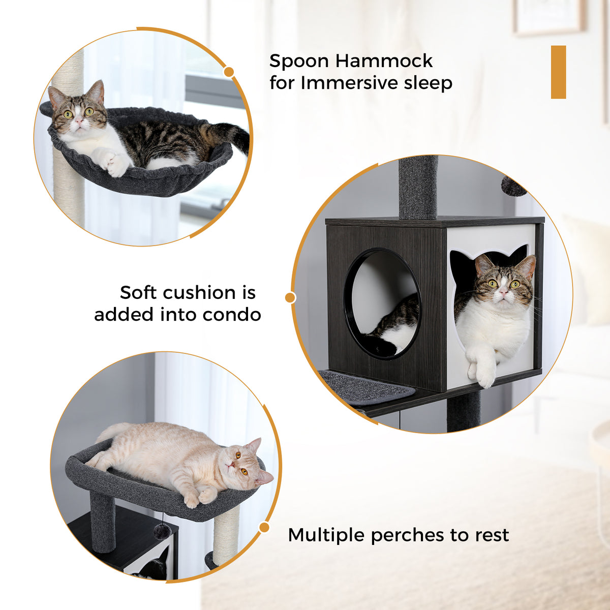 Dark grey Deluxe cat tree feature insets showing plush spoon hammock, cushioned two-door condo and padded top perch