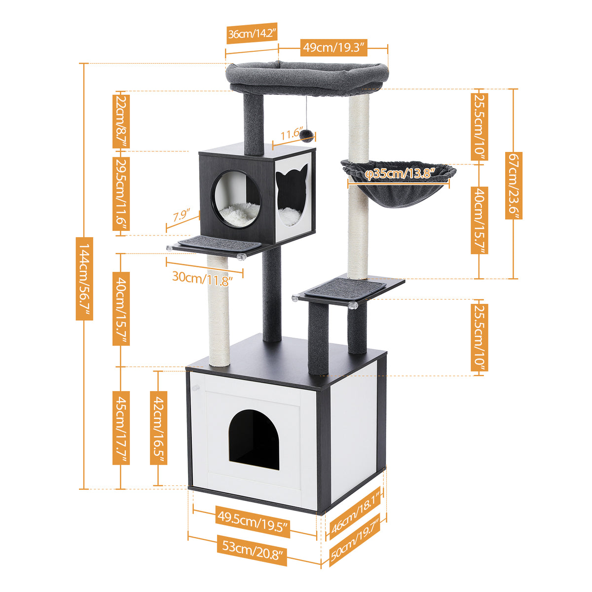Black and grey Deluxe 144cm cat tree on a white background with dimension lines and labelled platform measurements