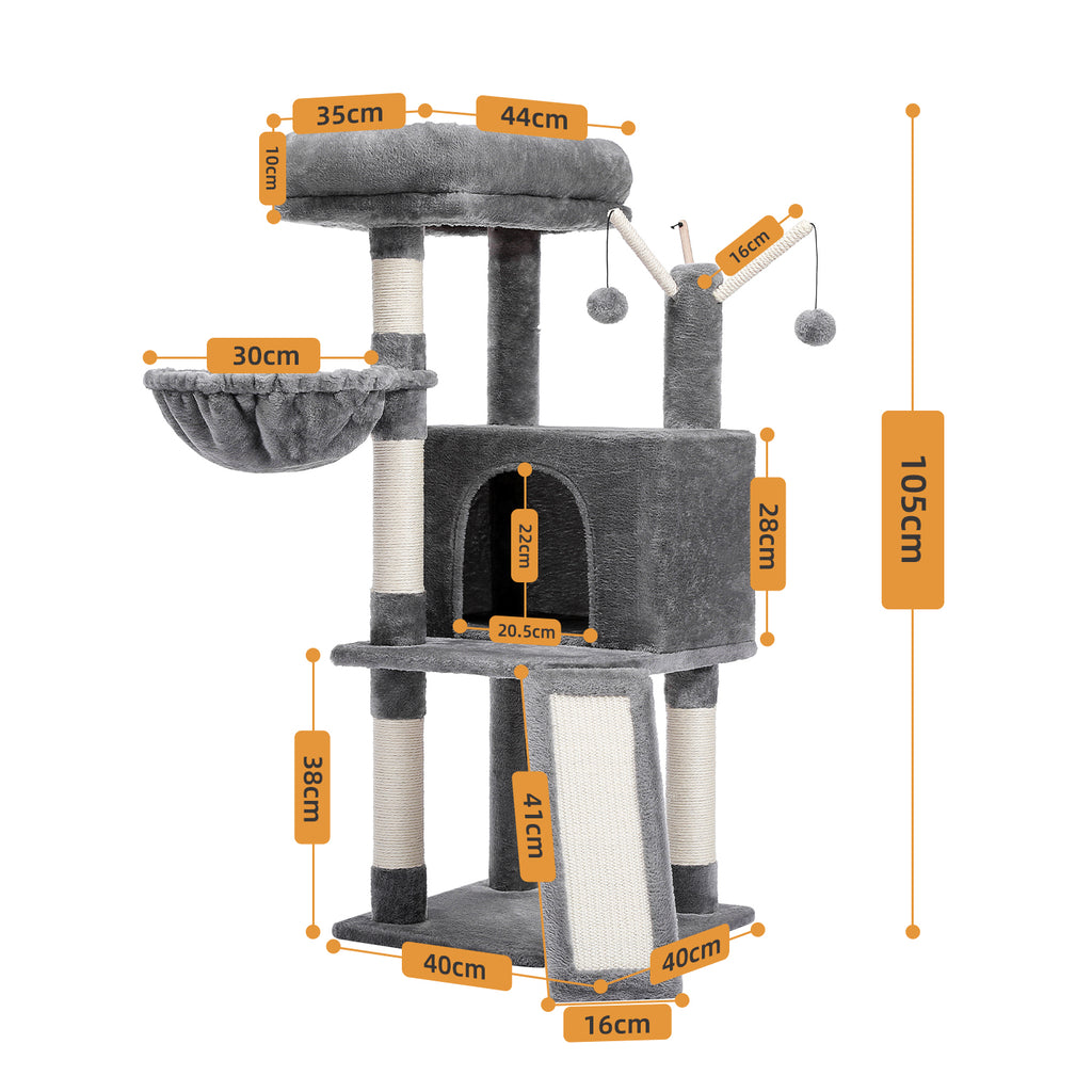 Dimension diagram of the grey 105cm cat tree with cm measurements for the condo, hammock, ramp and perch