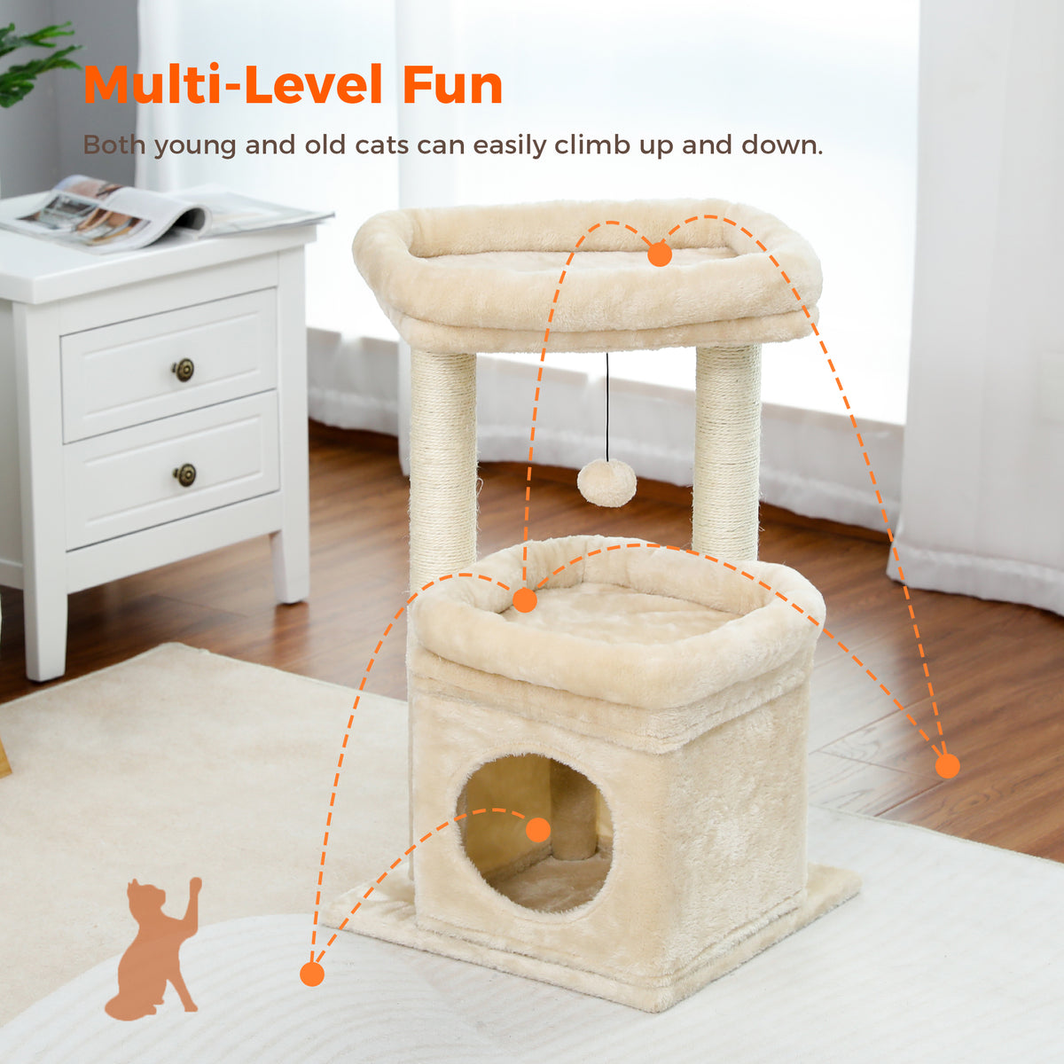 Beige plush cat tree with condo and bolster-top bed, 'Multi-Level Fun' banner over orange dashed climbing paths