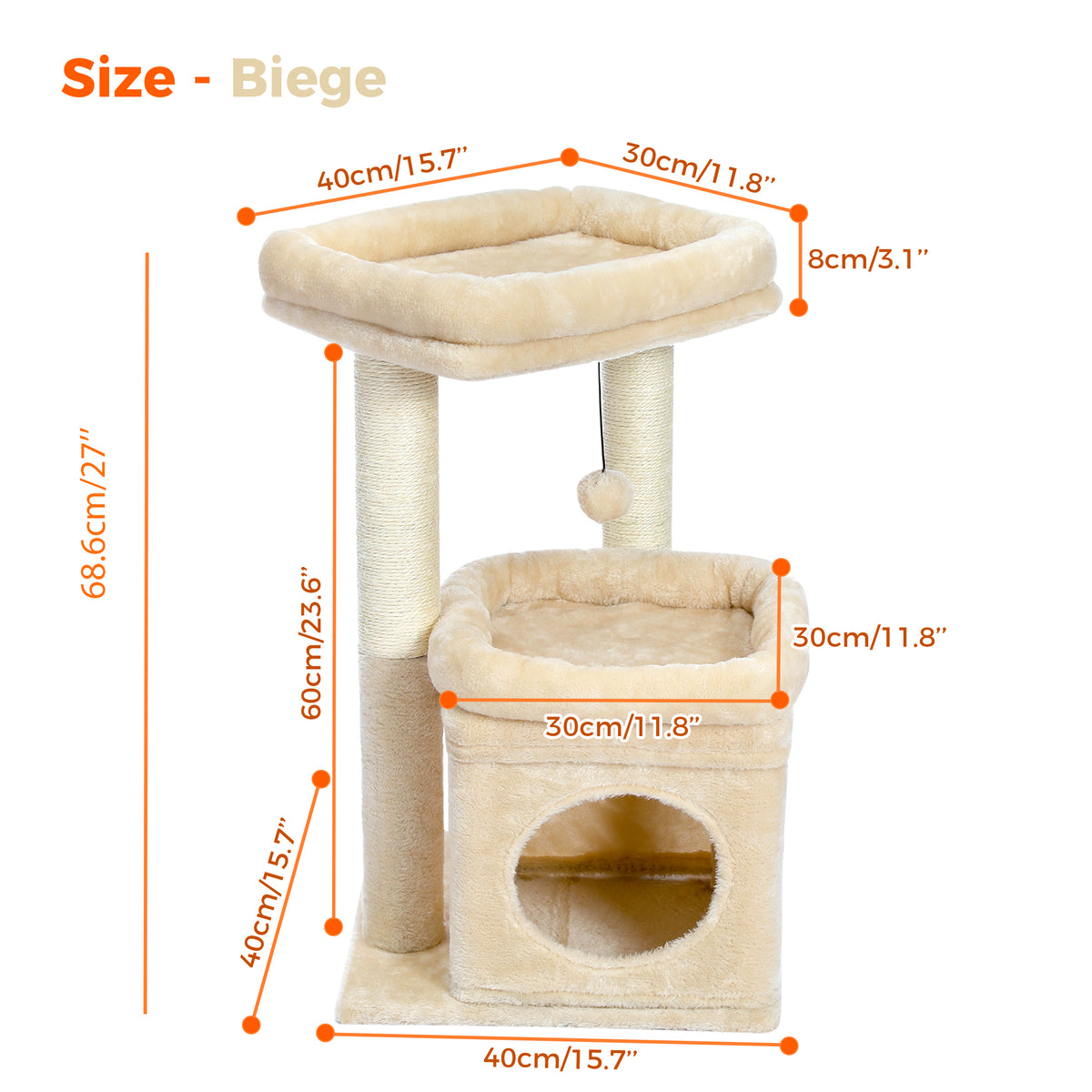 Size diagram of a beige plush cat tree labelled 68.6 cm tall with a 40 cm wide base, orange measurement lines on white