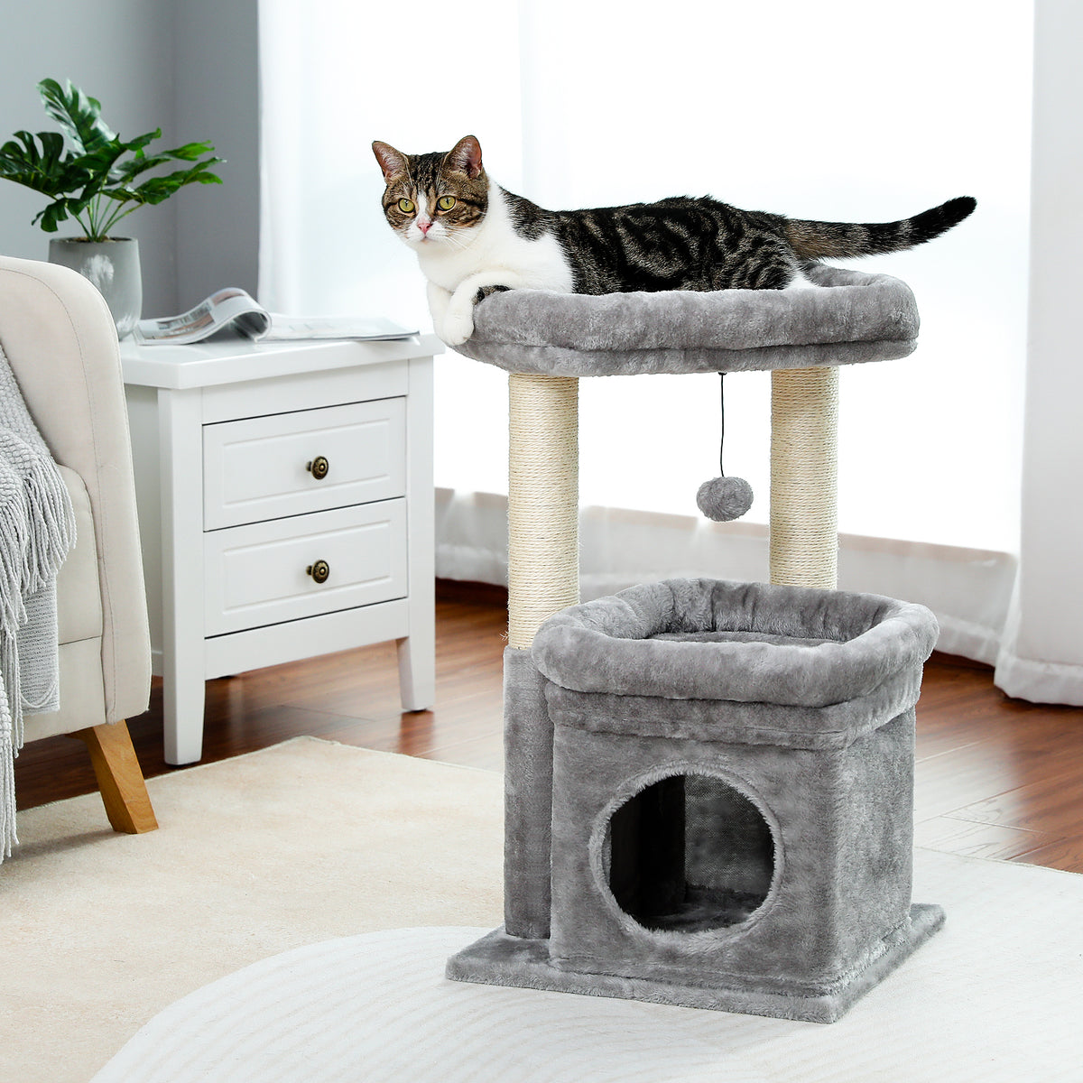 Grey plush two-level cat tree with cream sisal posts in a living room, tabby cat lounging on the padded top perch