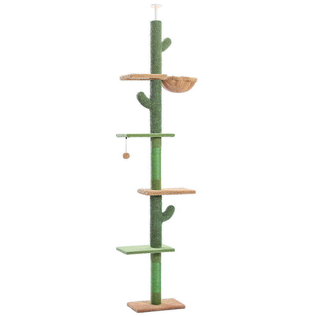 Cactus-style cat tree on a white studio background, sisal trunk, tan platforms, top nest perch and ceiling tension rod