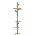 Cactus-style cat tree on a white studio background, sisal trunk, tan platforms, top nest perch and ceiling tension rod