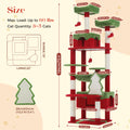Red and green Christmas cat tower with condos and hammock, size chart for up to 60 lb load and 3-5 cats