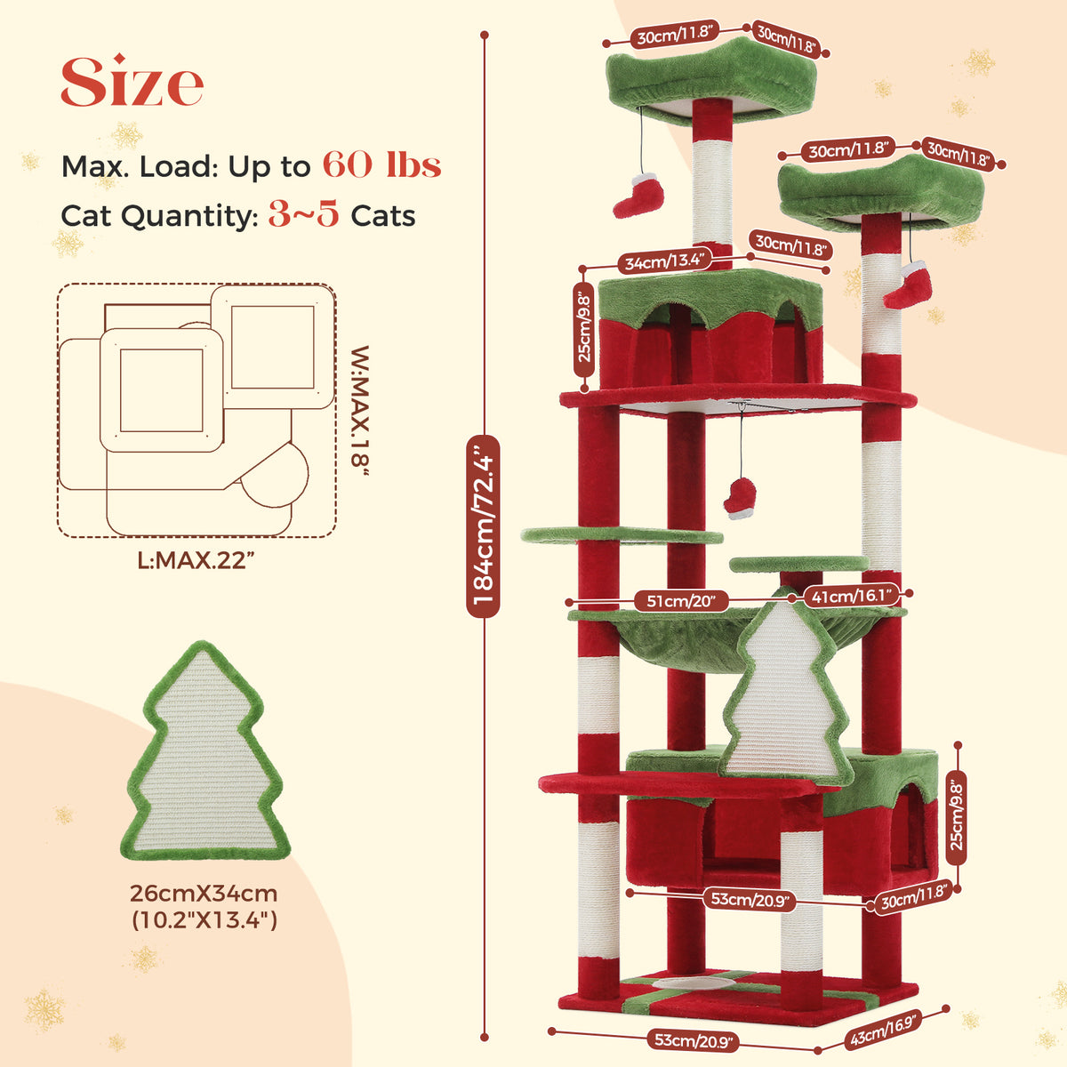 Red and green Christmas cat tower with condos and hammock, size chart for up to 60 lb load and 3-5 cats