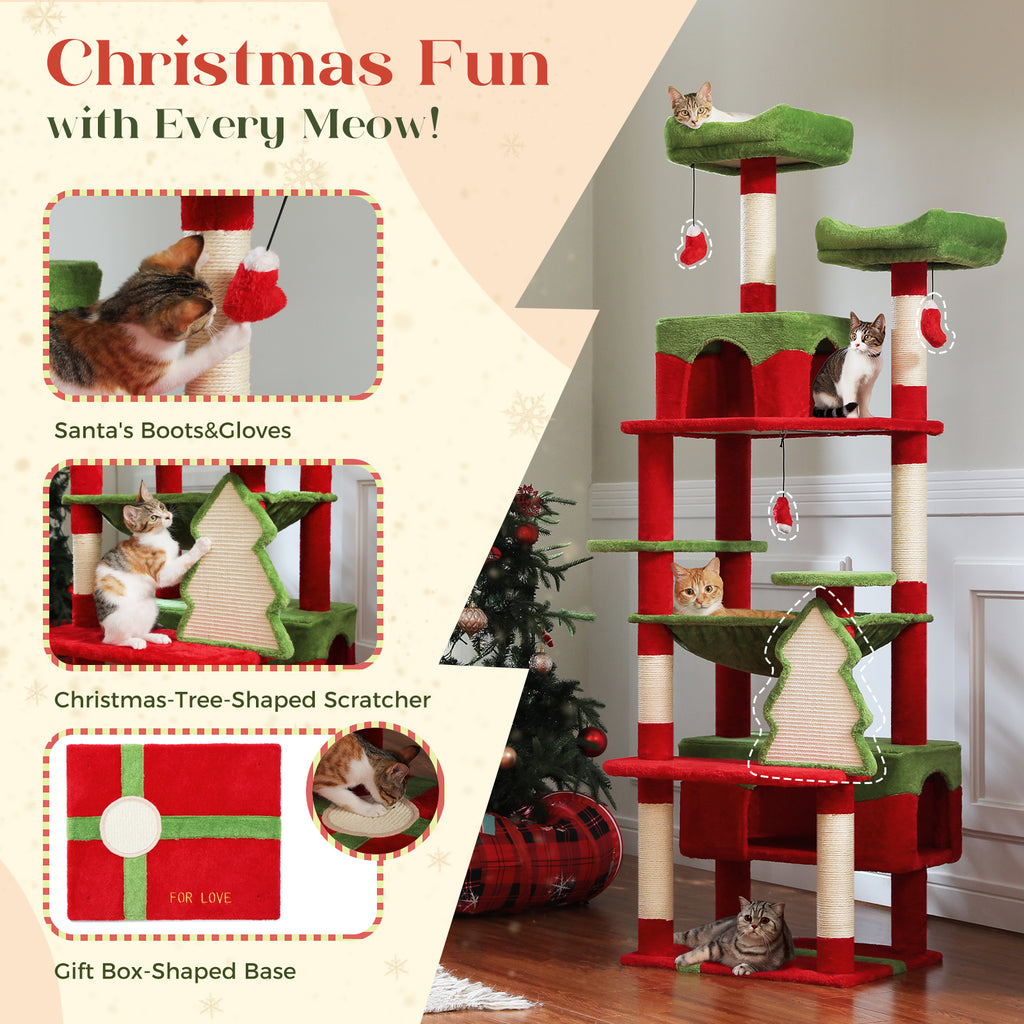 Festive red cat tower graphic with Santa boot and glove toys, a tree-shaped sisal scratcher and gift-box base