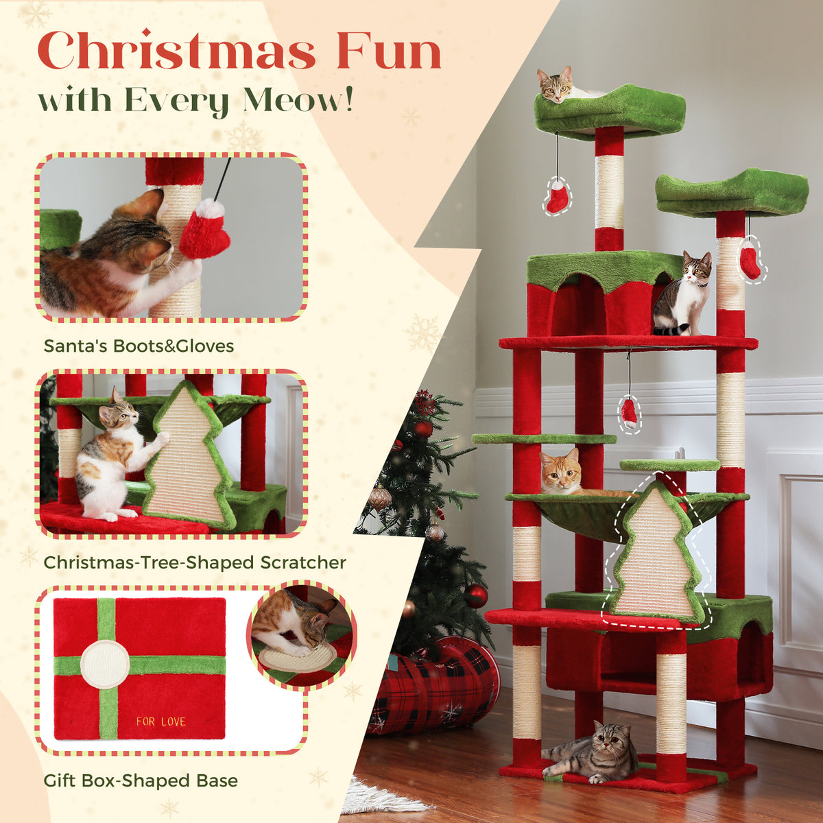 Festive red cat tower graphic with Santa boot and glove toys, a tree-shaped sisal scratcher and gift-box base