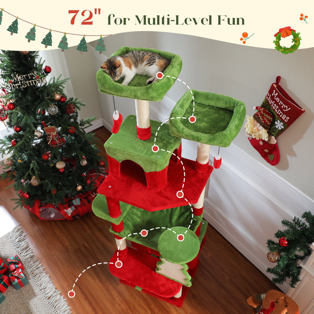72-inch red and green Christmas cat tower with a dashed climb path, calico cat napping on the top perch