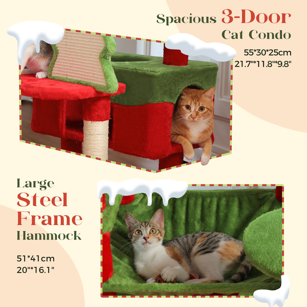 Red Christmas cat tower panel: orange tabby peeking from the 3-door condo and a calico cat in the green hammock
