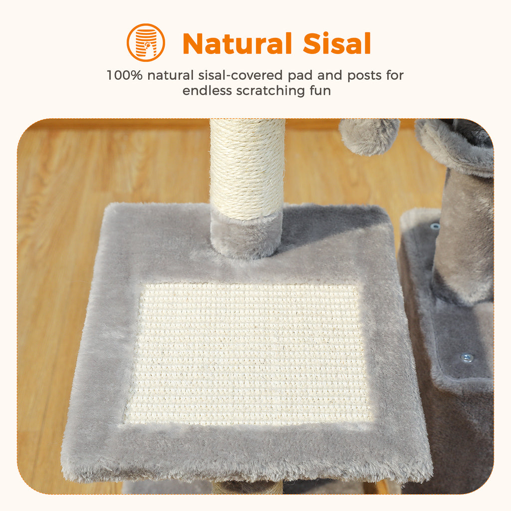 Detail of the natural sisal scratching pad and sisal posts on the grey 73cm cat tree platform without cats