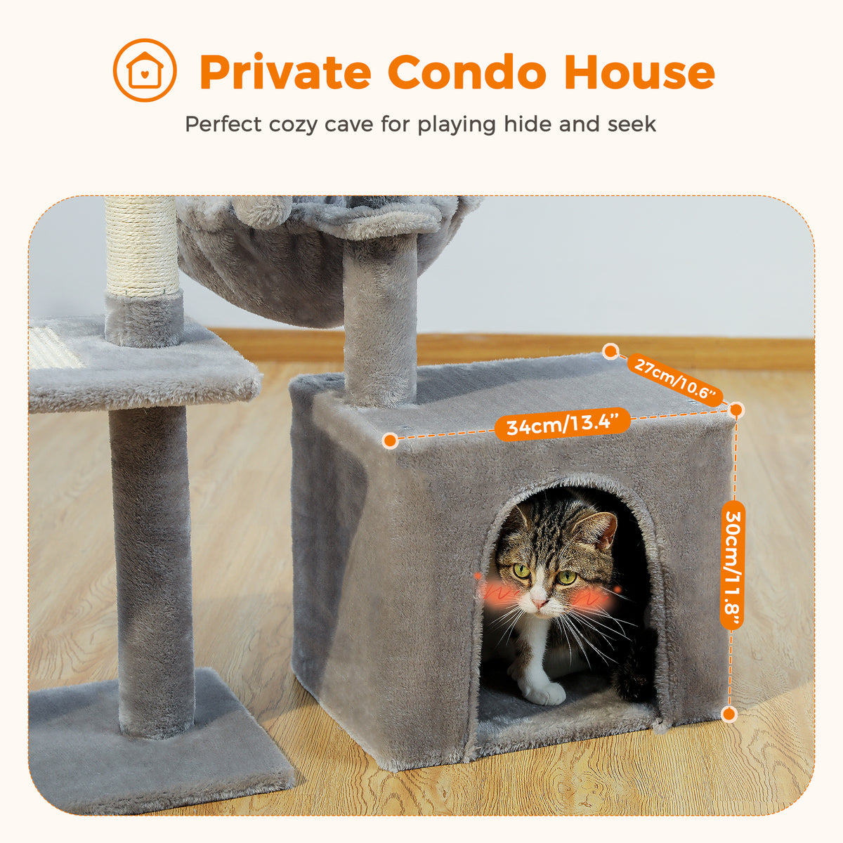 Tabby looks out from the arched grey condo with dimension lines, caption Private Condo House for hide and seek
