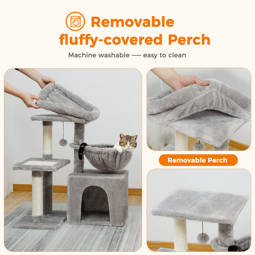 Care diagram for the grey cat tree, hands lift the removable fluffy perch cover while a cat waits in the hammock