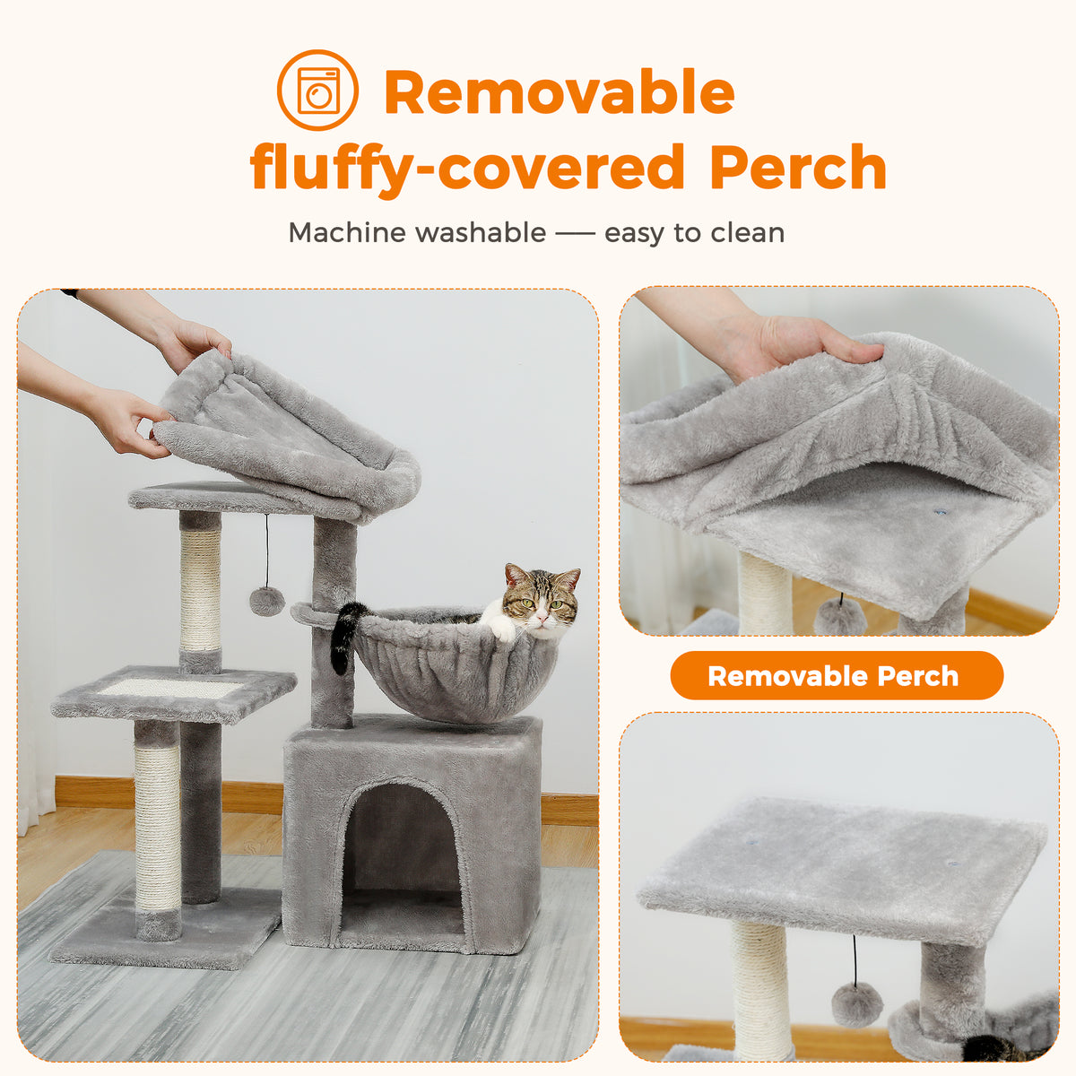 Care diagram for the grey cat tree, hands lift the removable fluffy perch cover while a cat waits in the hammock