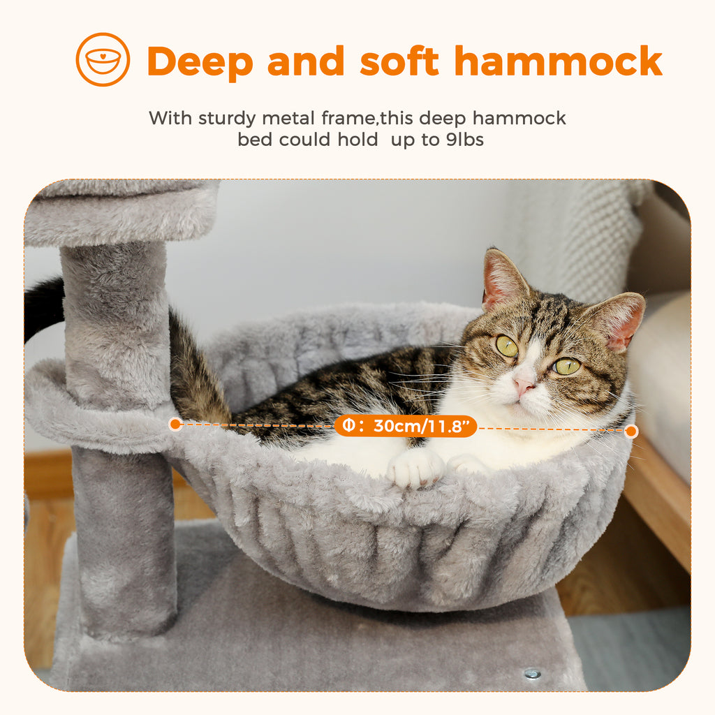 Tabby kitten curls inside the deep grey hammock of the 73cm tree, diagram says soft hammock holds up to 9lbs
