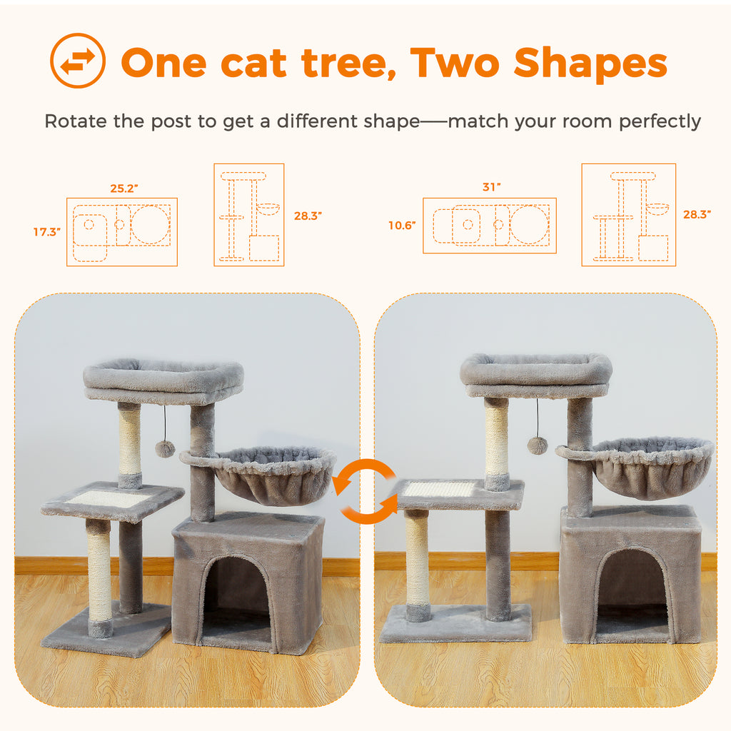 Diagram of the 73cm cat tree in two shapes, caption reads rotate the posts to change the footprint to fit your room