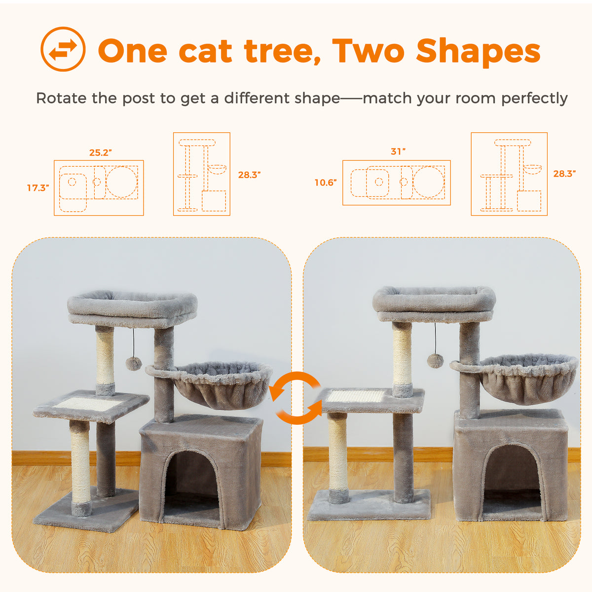 Diagram of the 73cm cat tree in two shapes, caption reads rotate the posts to change the footprint to fit your room