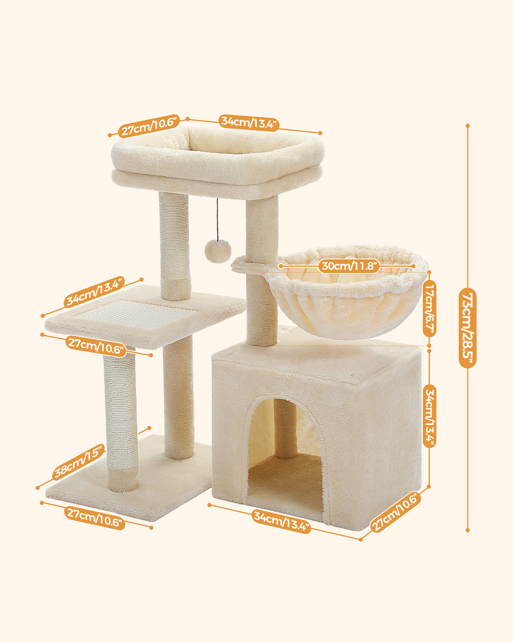 Dimension diagram of the cream beige 73cm cat tree with orange cm and inch labels on a soft beige backdrop