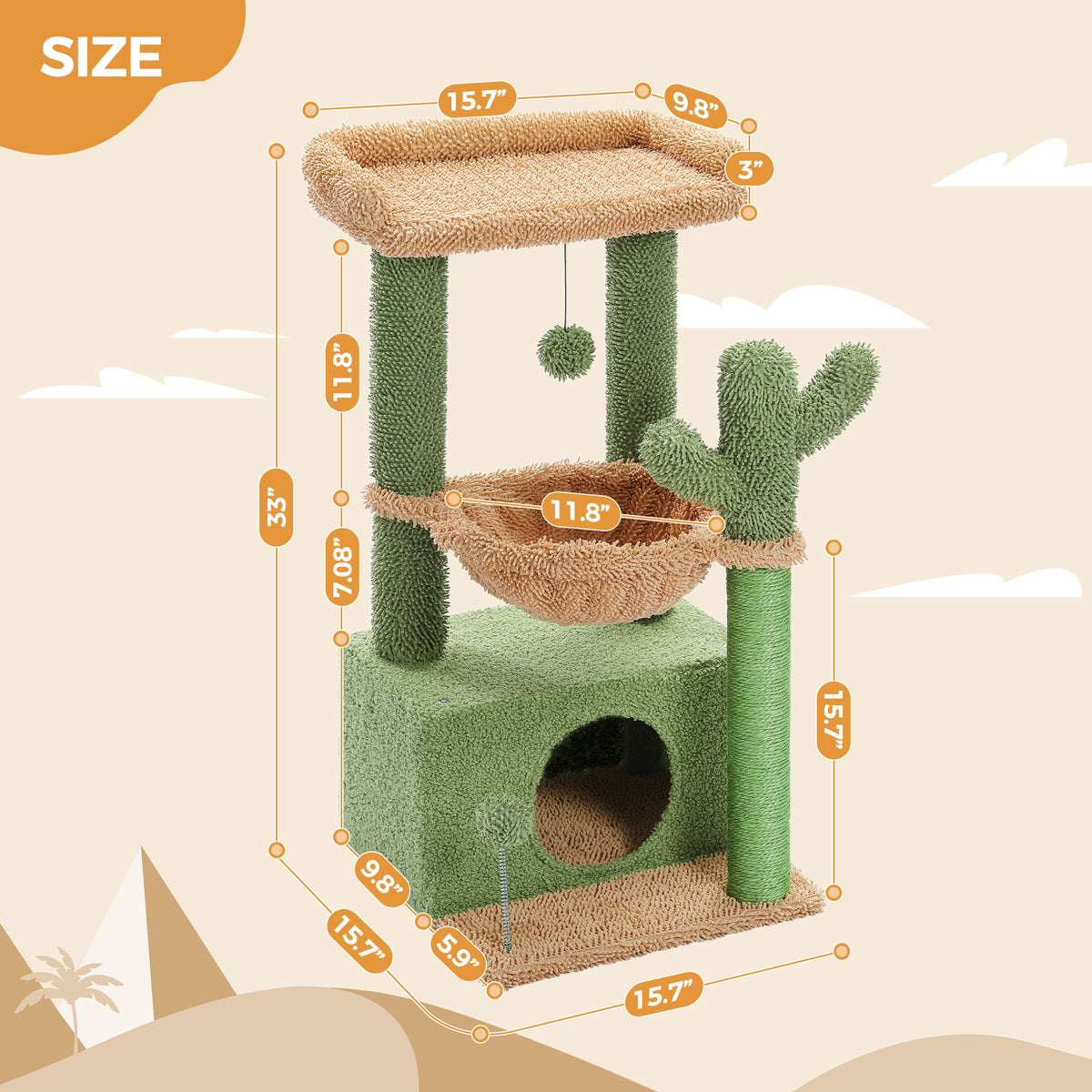 Green cactus Cozy cat tree with tan shaggy perch and hammock on a stylised desert graphic background with height label