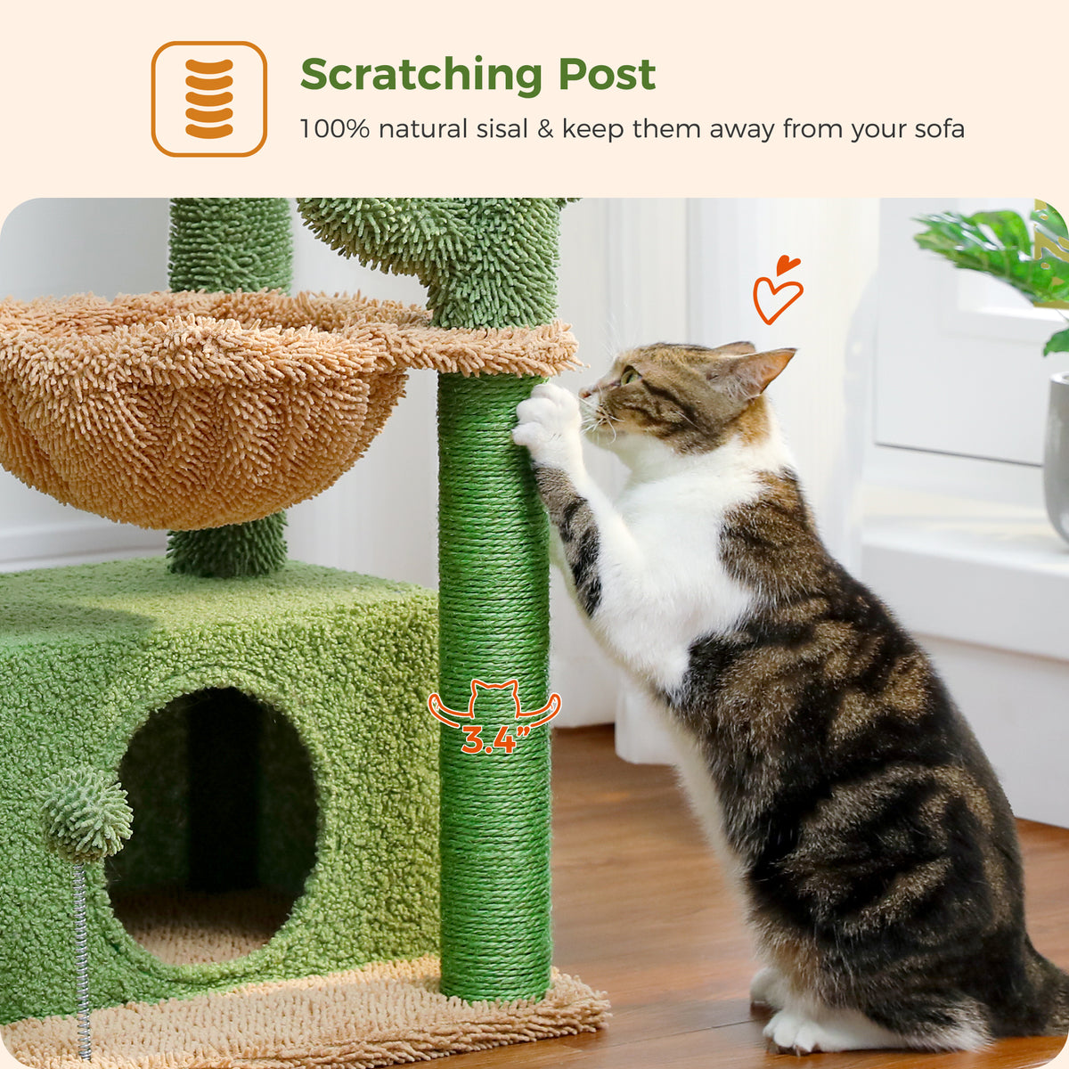 Calico cat scratches a green sisal post on a Cozy cat tree while captions note 100 percent natural sisal and post size