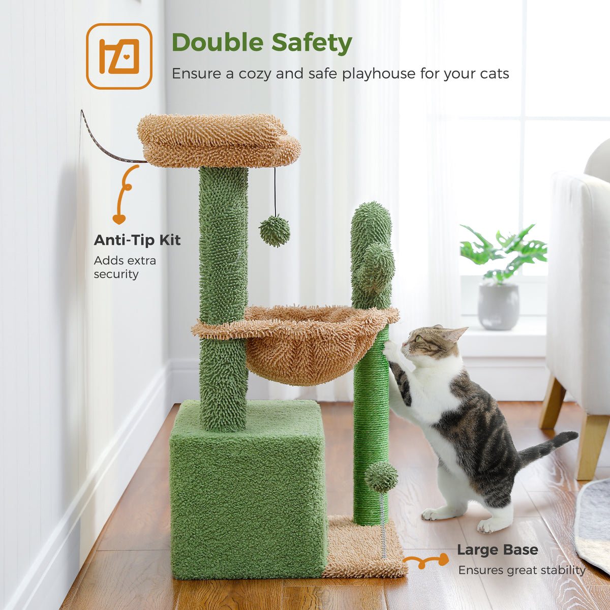Tabby cat scratches the sisal post of a green cactus Cozy cat tree while anti-tip kit and large base captions appear