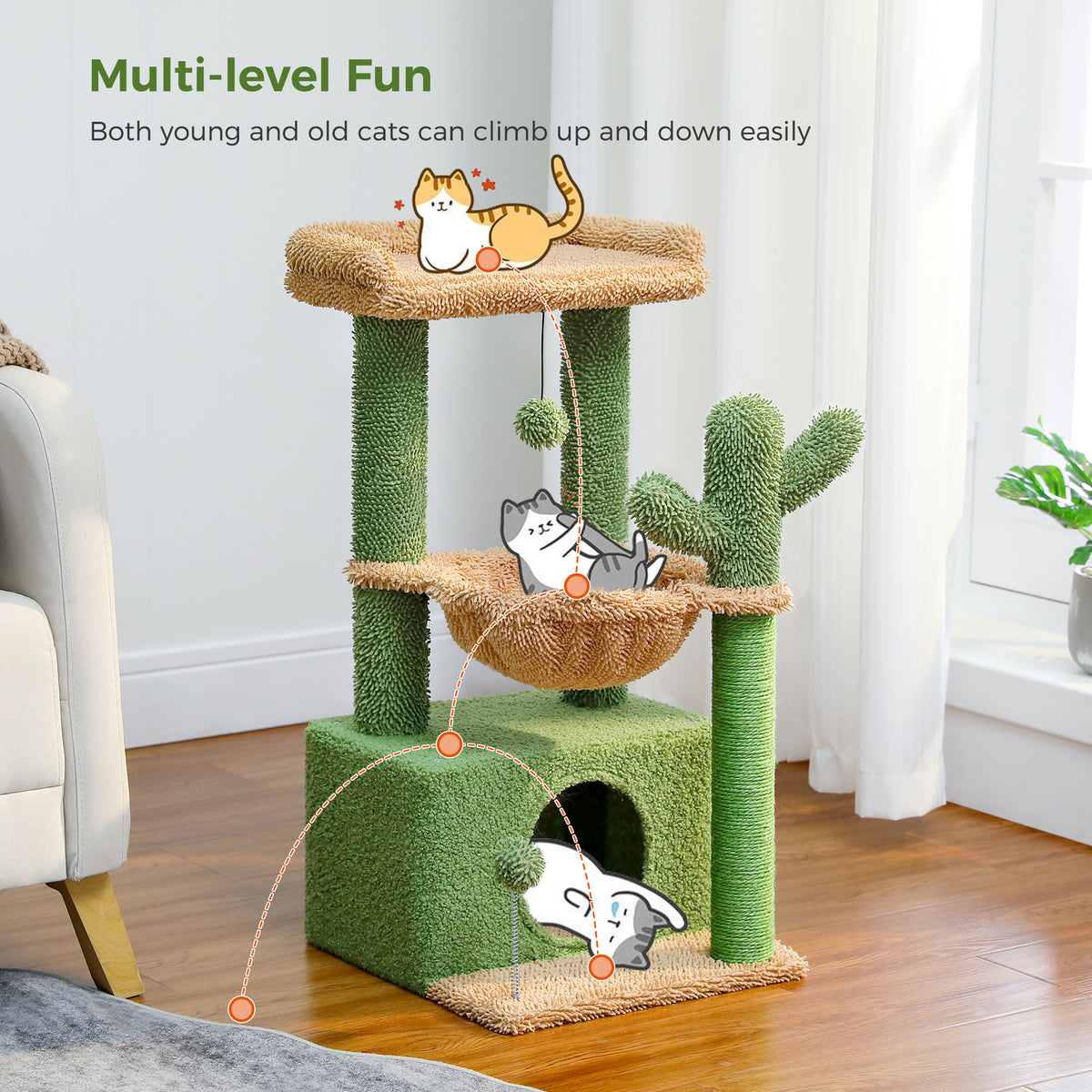 Green cactus Cozy cat tree with tan platforms and hammock, cartoon cats and Multi-level Fun caption in a bright room