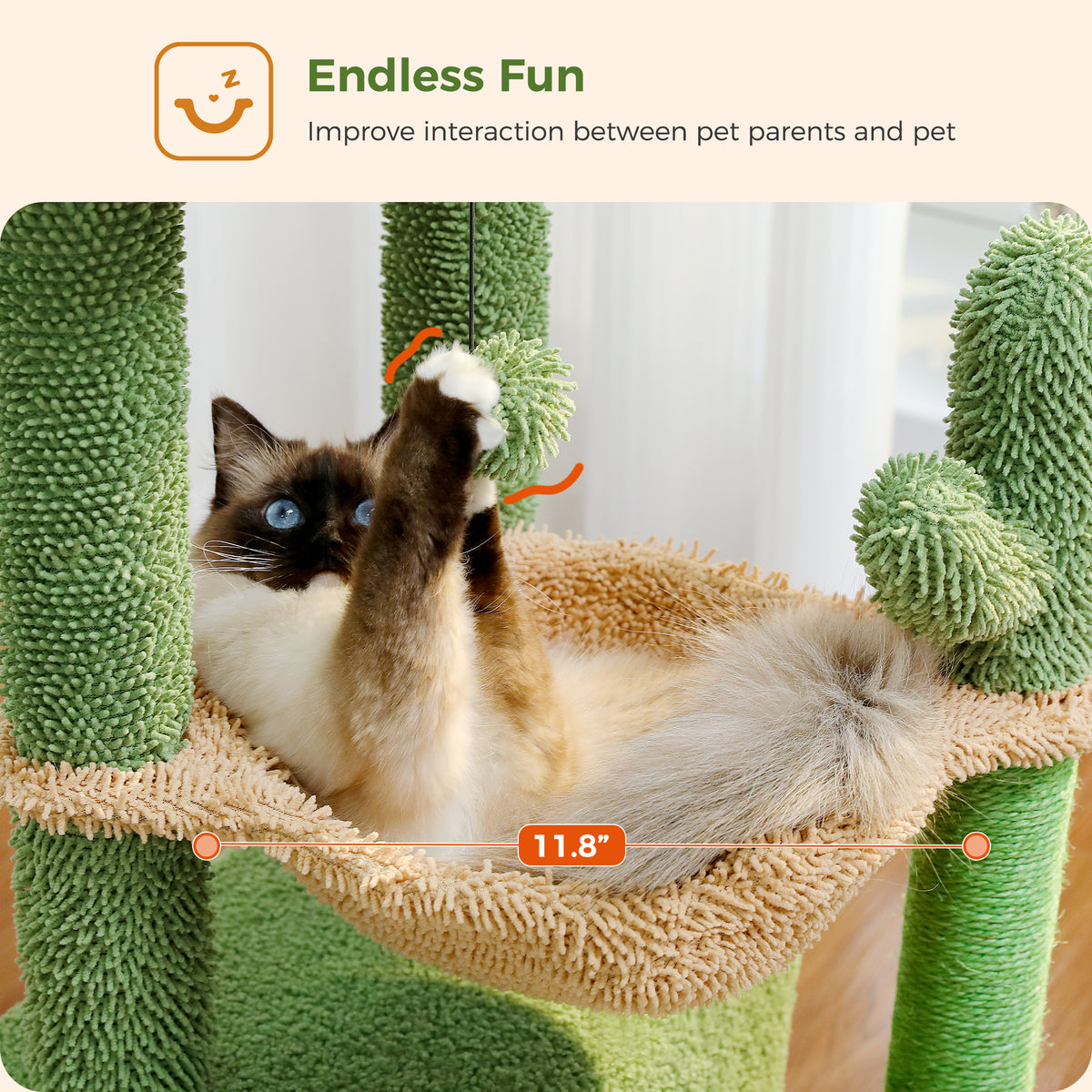 Seal point cat plays in the beige hammock of a green cactus Cozy cat tree under an Endless Fun caption with a size mark