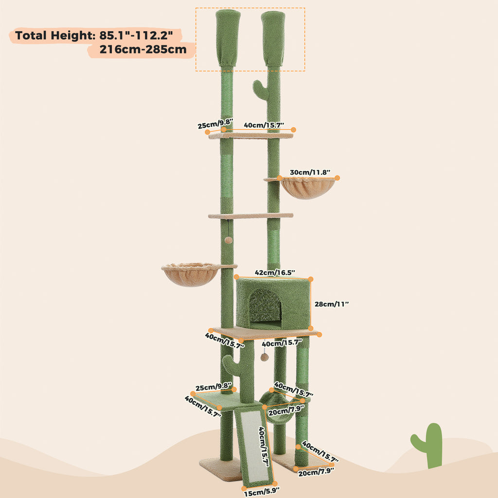 Size diagram of the seven-tier cactus cat tree, total height 216-285cm, with per-level dimension callouts