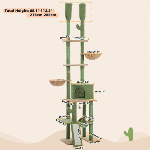 Size diagram of the seven-tier cactus cat tree, total height 216-285cm, with per-level dimension callouts