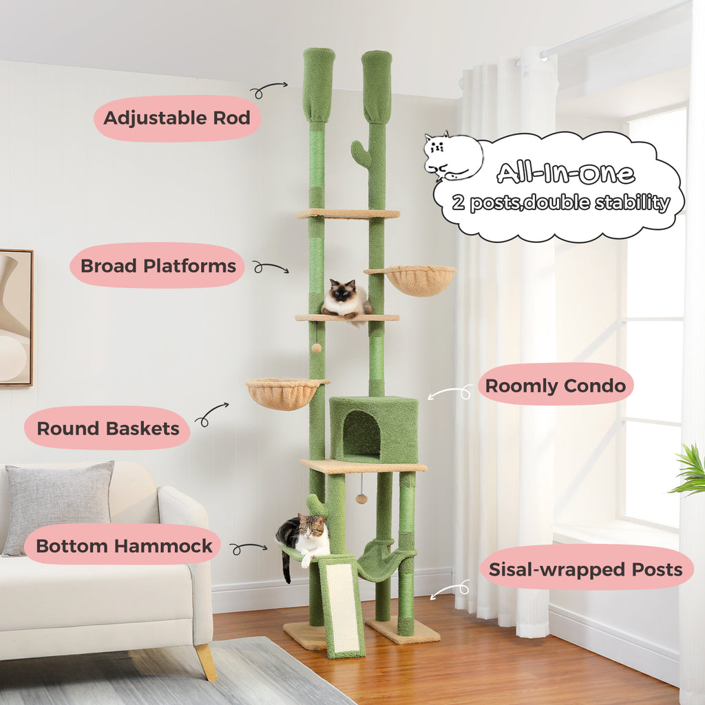 Cactus cat tree with labels for adjustable rod, broad platforms, round baskets, condo and hammock, cats resting