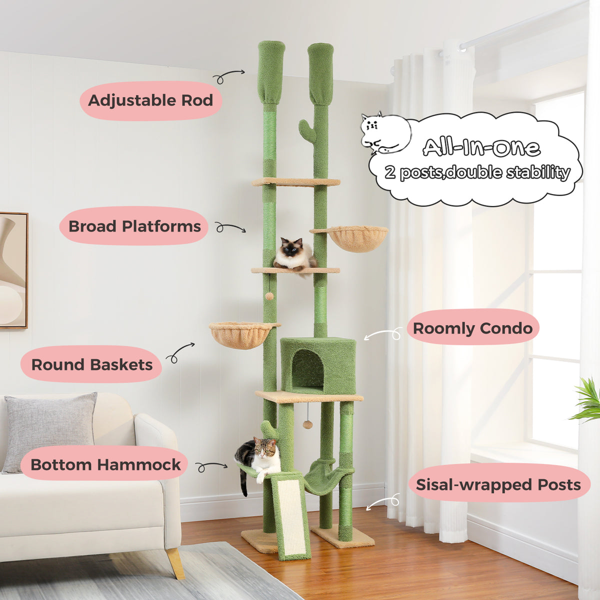 Cactus cat tree with labels for adjustable rod, broad platforms, round baskets, condo and hammock, cats resting