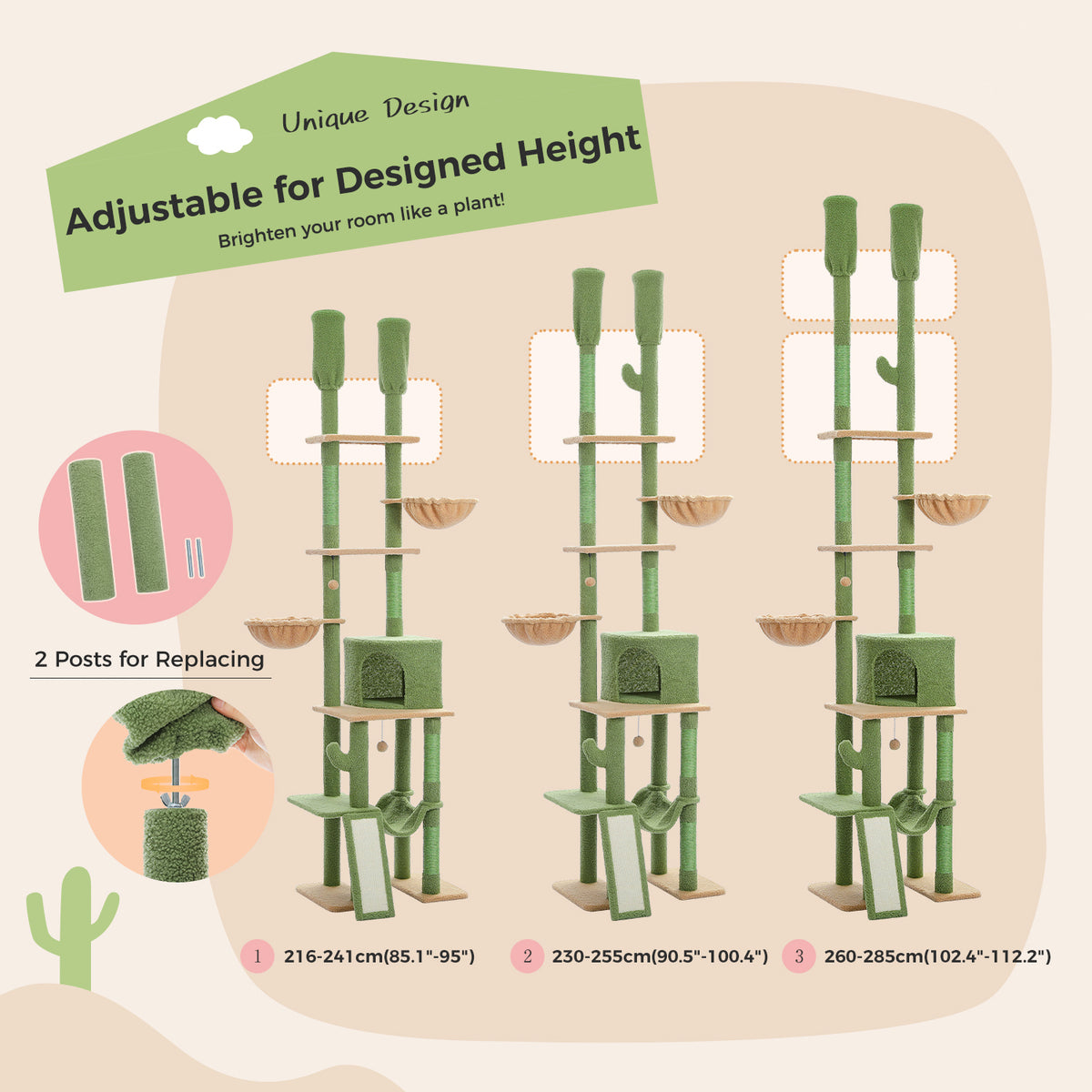 Graphic of the cactus cat tree in three adjustable heights 216-285cm on a desert backdrop, labeled 2 posts for replacing