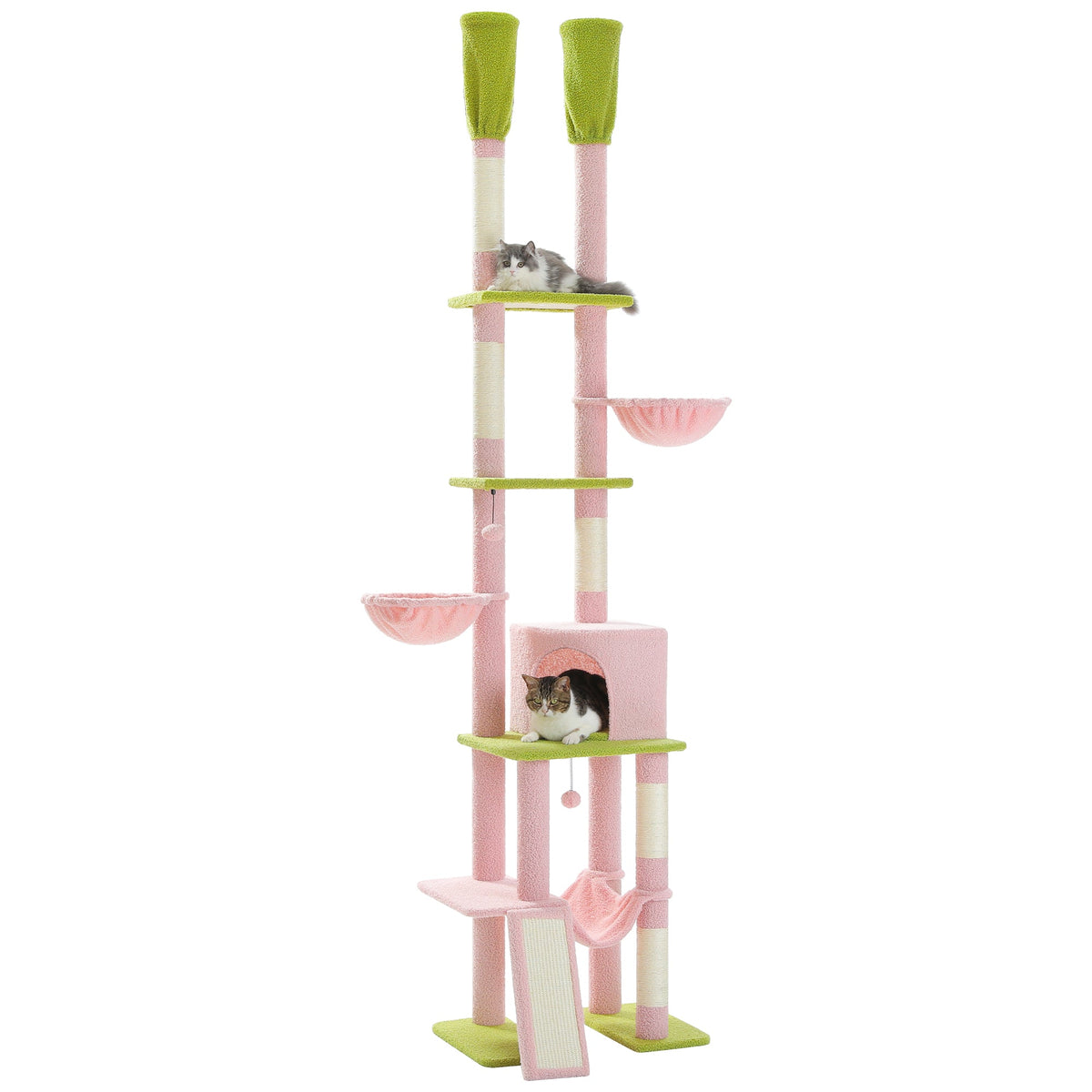 Cactus cat tree with seven tiers, pink sisal posts, tan platforms and hanging baskets in a bright living room