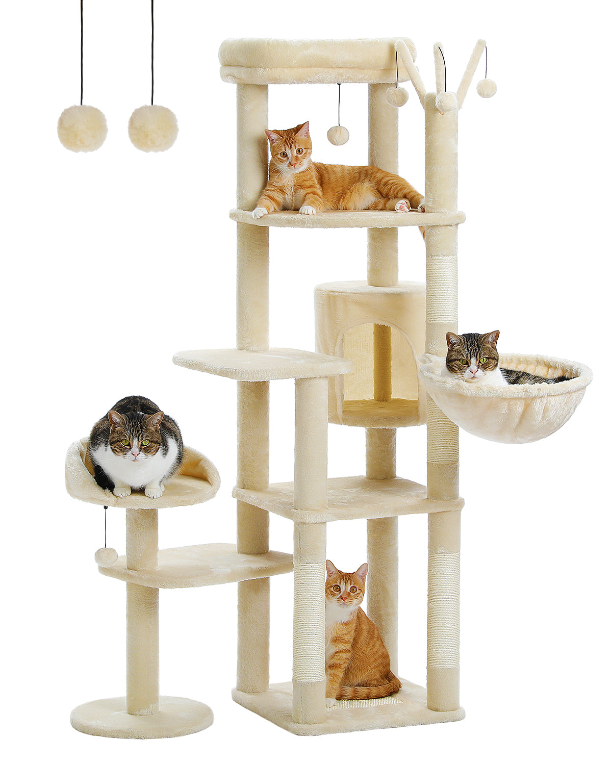 Beige wide-platform cat tree with square condo and plush hammock in a living room, orange tabby lounging on a platform