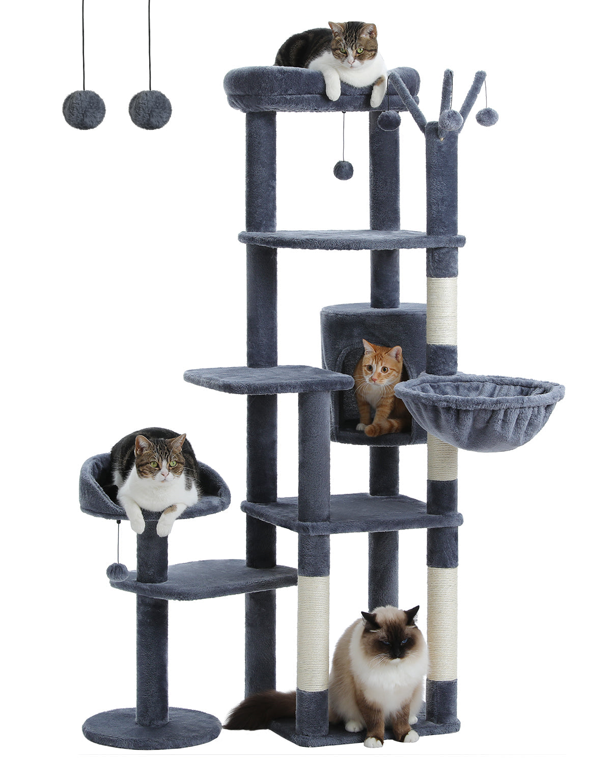 Dark grey wide-platform cat tree with square condo and plush hammock in a living room, orange tabby lounging on a platform