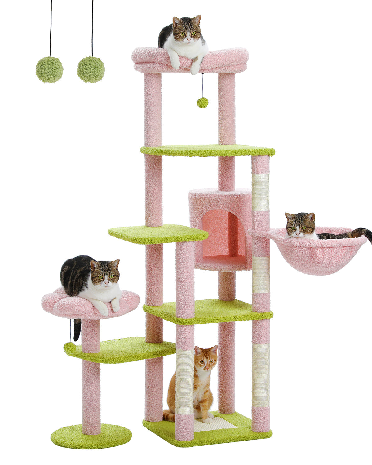 Pink wide-platform cat tree with square condo and plush hammock in a living room, orange tabby lounging on a platform