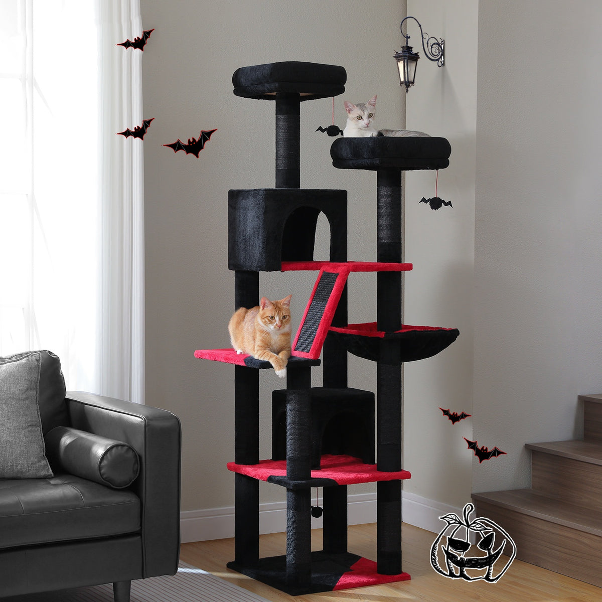 Black and red 180cm cat tree styled for Halloween, two cats, bat decals and bat-shaped hanging toys