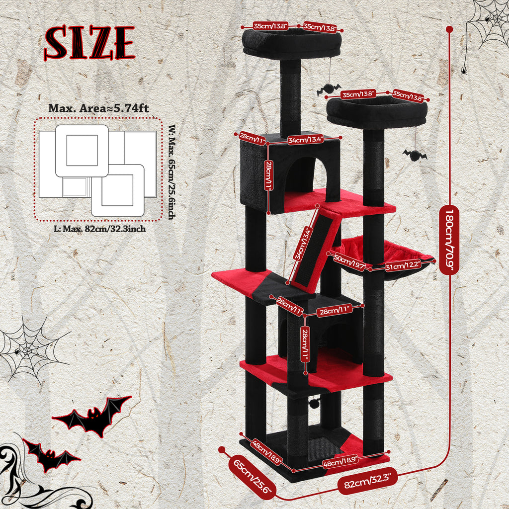 SIZE diagram of black and red 180cm cat tree with gothic web and bat graphics, two condos, hammock and top perches