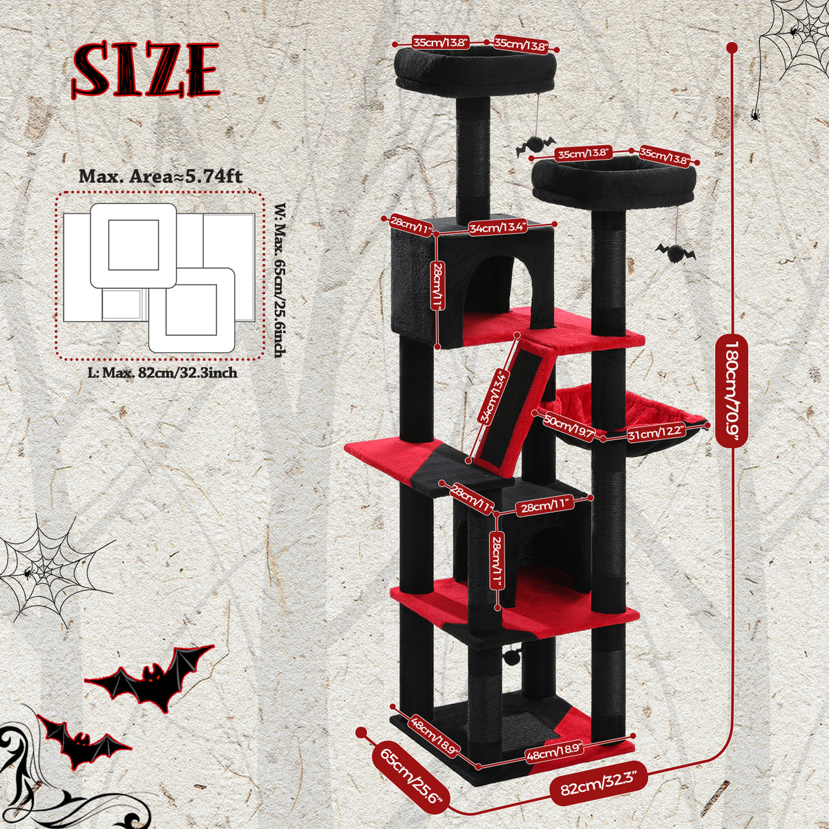 SIZE diagram of black and red 180cm cat tree with gothic web and bat graphics, two condos, hammock and top perches