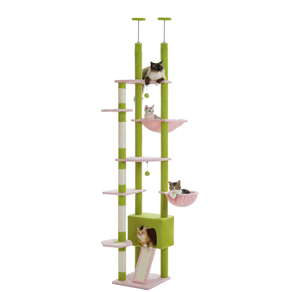 Pink bamboo-style floor-to-ceiling Sky-High cat tree with five cats resting across platforms, hammocks and leaf canopy