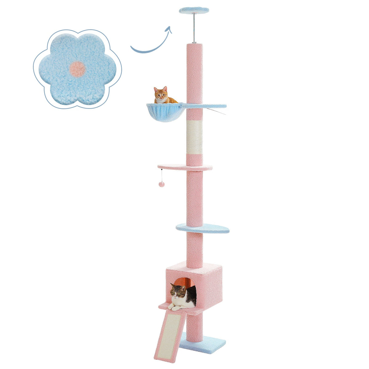 Five-tier cactus cat tree with blue plush, sisal posts and tan platforms and condo on a white background