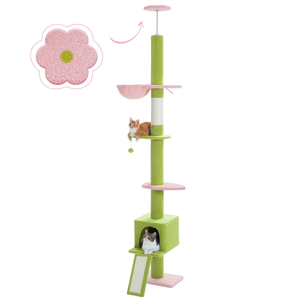 Five-tier cactus cat tree with pink plush, sisal posts and tan platforms and condo on a white background