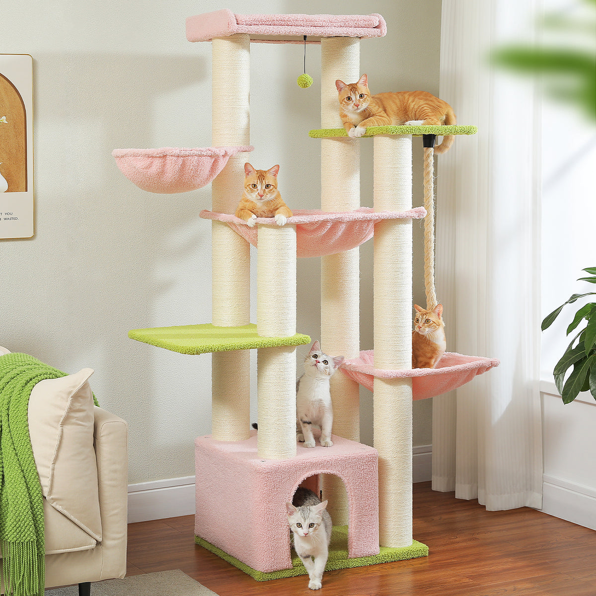 Pastel pink and lime 170cm cat tree with cream sisal posts, plush hammocks and platforms, five cats at home