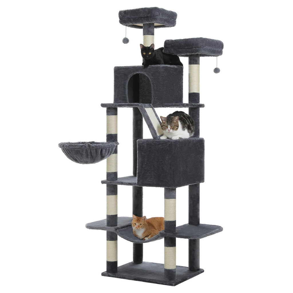 Tall dark grey cat tree with twin panoramic perches in a bright room, black cat and three tabbies resting at different levels