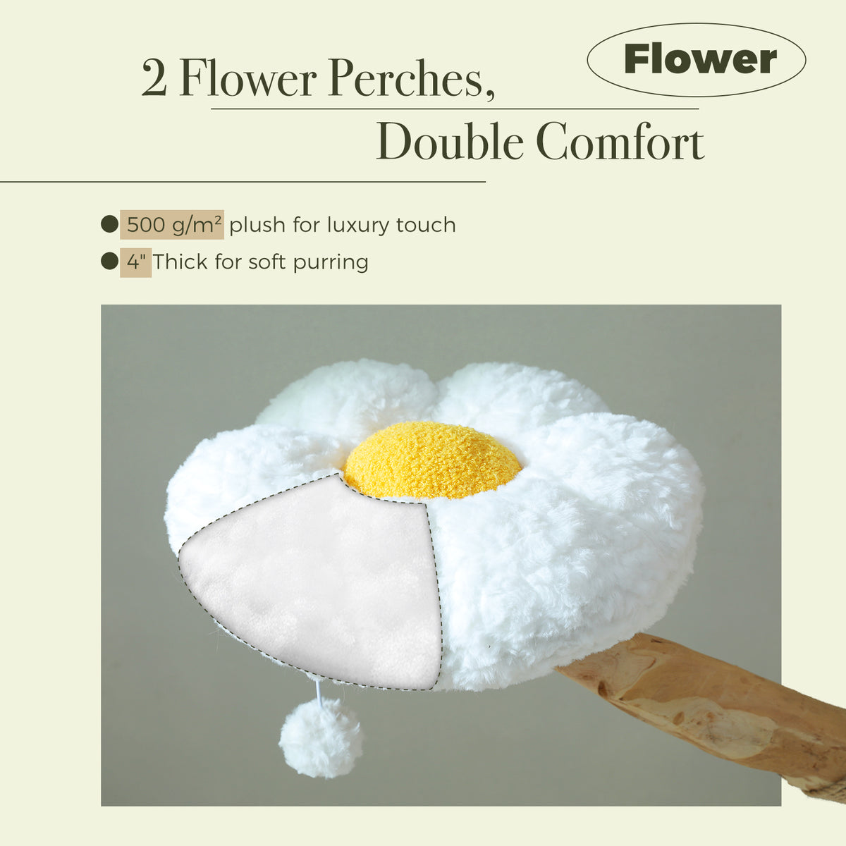 Close-up graphic of the white sunflower plush perch with yellow center on the natural wood cat tree