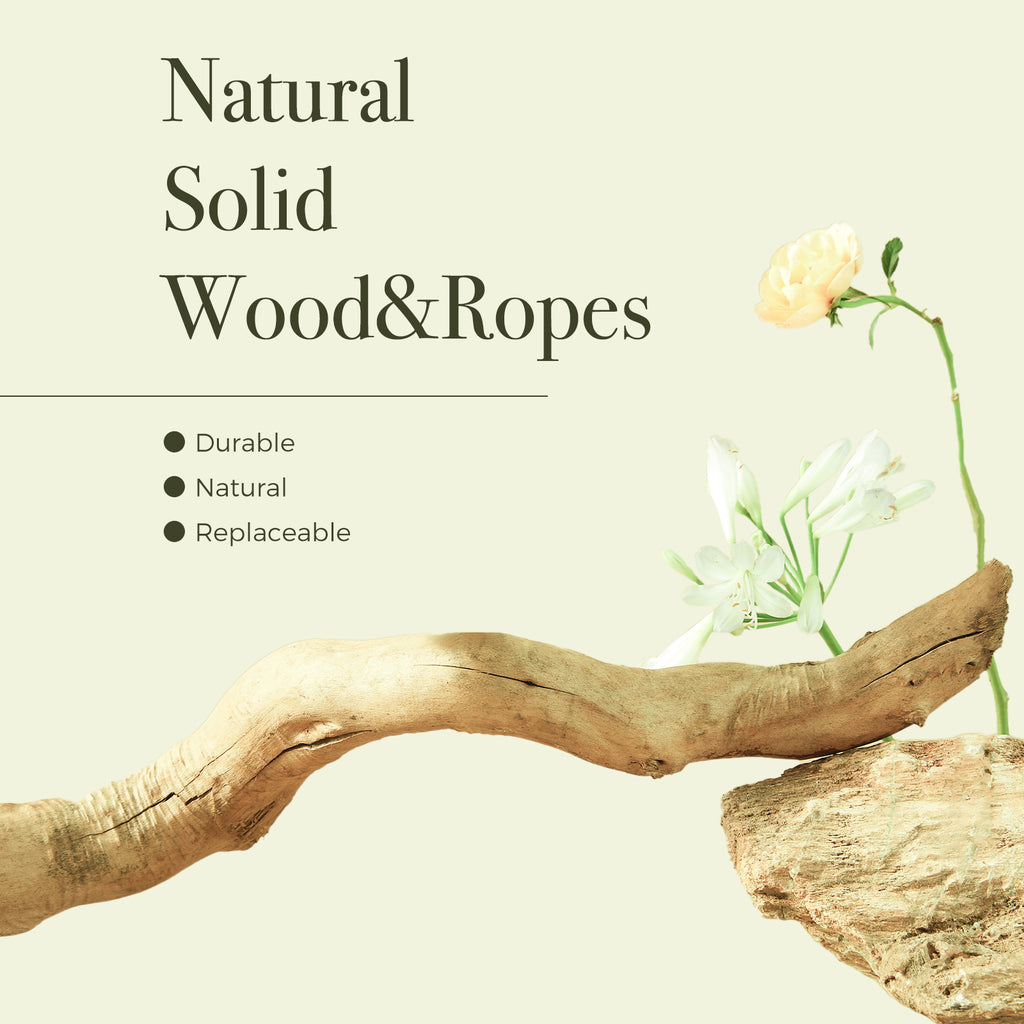 Promotional material graphic of natural wood branch, sisal rope, white flowers and stone
