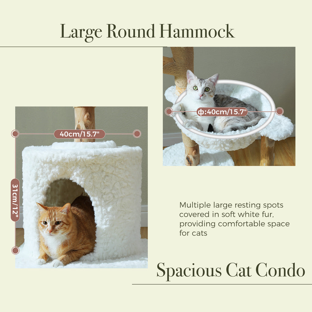 Feature diagram of the round hammock and white-fur condo with dimension callouts on the natural wood tree