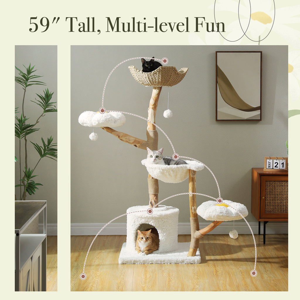 Natural wood cat tree 150cm with three cats in a living room, dotted measurement lines overlay